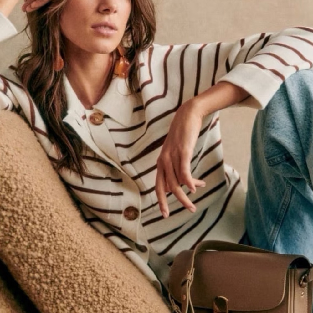 SEZANE Classic Ecru Brown Striped Fine Wool Knit Collared Betty Cardigan Sweater